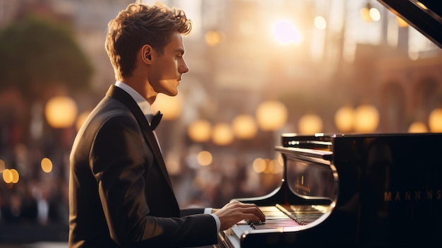 Um homem sofisticado de smoking a tocar piano de cauda com delicadeza e paixão.