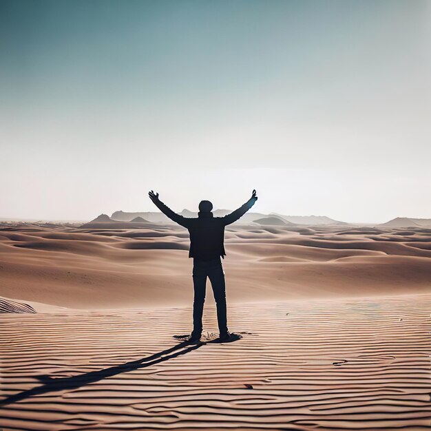Foto um homem solitário está entre as areias e estende os braços em direção ao sol ilustração gerada por ai