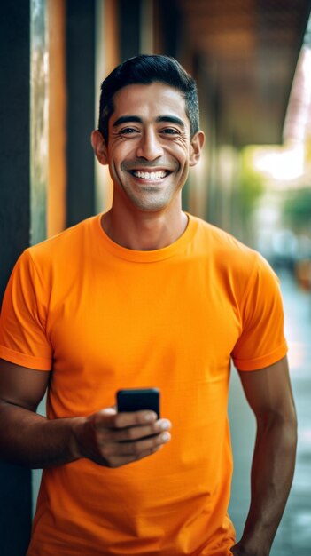 um homem sorri e sorri com um telefone