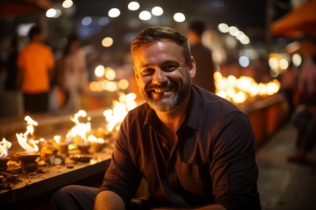 um homem sorri enquanto está sentado em frente a velas acesas