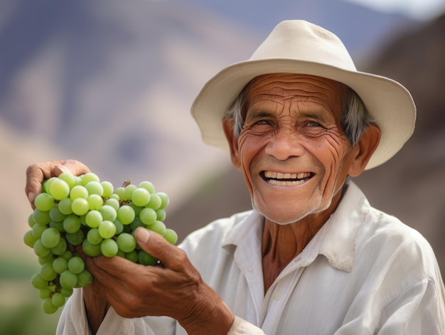 Um homem sorri enquanto segura um cacho de uvas.