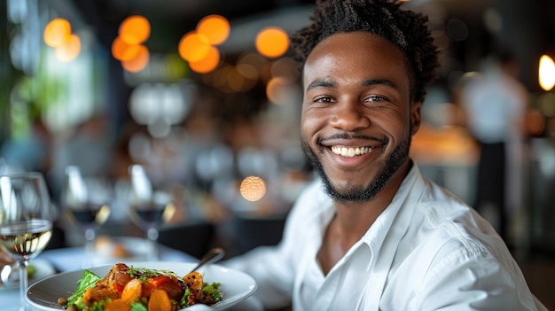 um homem sorri enquanto segura um prato de comida com um sorriso no rosto