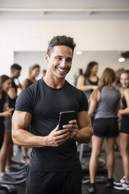 Um homem sorri enquanto segura um smartphone na frente de um grupo de pessoas