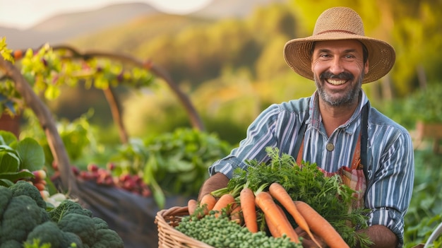 Um homem sorri enquanto segura uma cesta cheia de legumes recém-colhidos