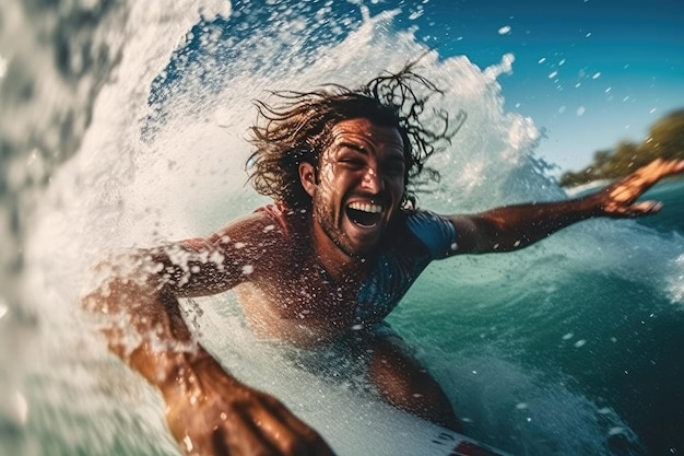 Um homem sorri enquanto surfa no oceano