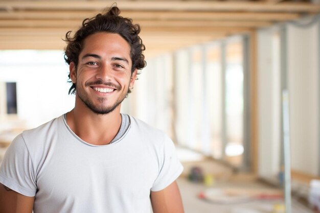 um homem sorri na frente de um teto de madeira com um sorriso no rosto