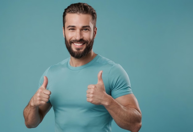 Um homem sorridente com barba em uma camisa azulado dando dois polegares para cima irradiando positividade e acordo