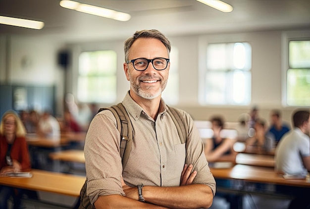 Foto um homem sorridente com óculos na frente de uma sala de aula no estilo de fotografia tiltshift