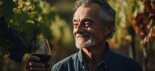 Foto um homem sorridente com um copo de vinho ia geradora