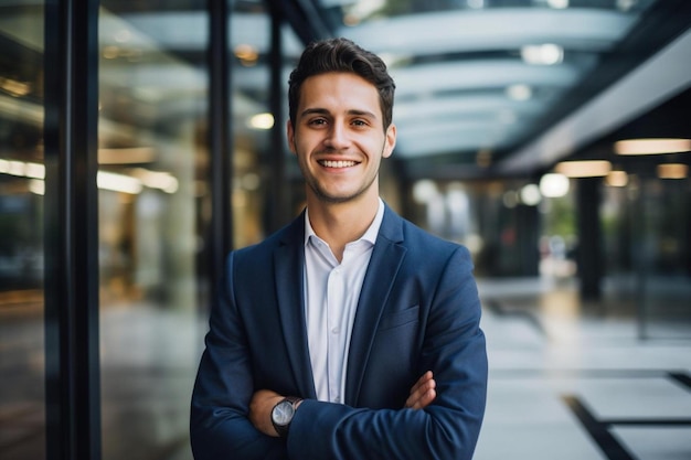 Um homem sorridente com um terno azul e uma camisa que diz "sorriso".