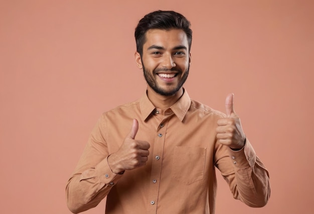 Um homem sorridente com uma barba mostrando os polegares para cima ele usa uma camisa de pêssego casual e parece acessível