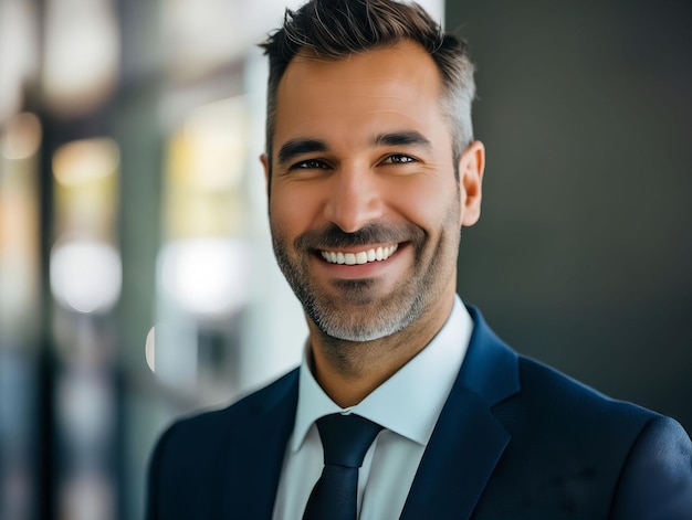 Um homem sorridente de fato e gravata