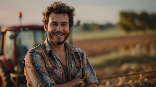 Um homem sorridente de pé em um campo com um trator