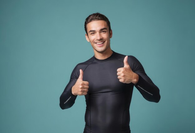 Um homem sorridente em um fato de mergulho preto fazendo gestos de polegar para cima ele parece confiante e satisfeito