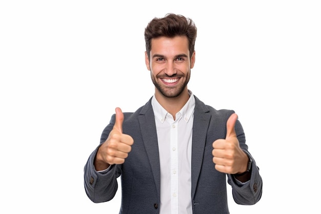 Um homem sorridente em um terno cinza mostra o sinal de polegar para cima em um fundo branco.