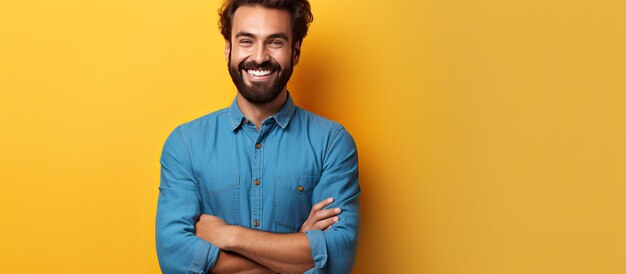 Um homem sorridente em uma camisa azul com uma barba sozinho em um fundo de parede amarelo laranja Conceito de estilo de vida Copie o espaço disponível Ele está segurando seu h