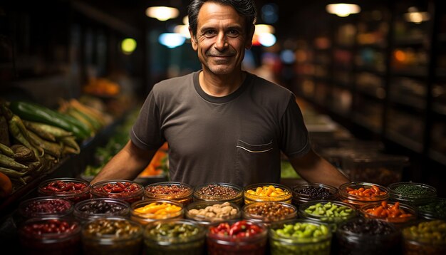 Foto um homem sorridente segurando frutas frescas vendidas em um mercado gerado por inteligência artificial