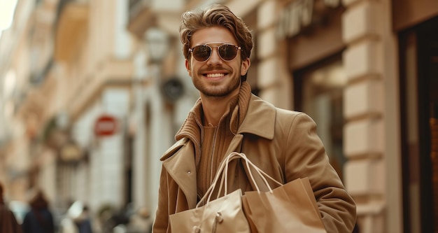 Um homem sorridente segurando sacos de compras