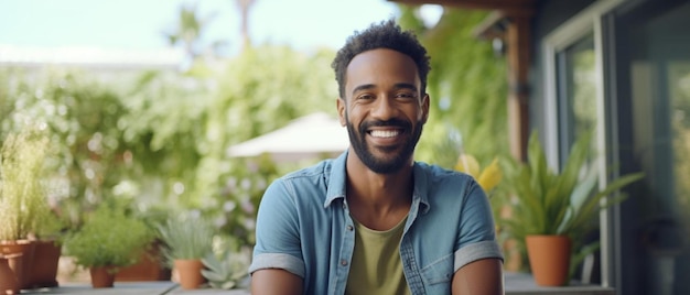 Um homem sorridente sentado em uma mesa do lado de fora