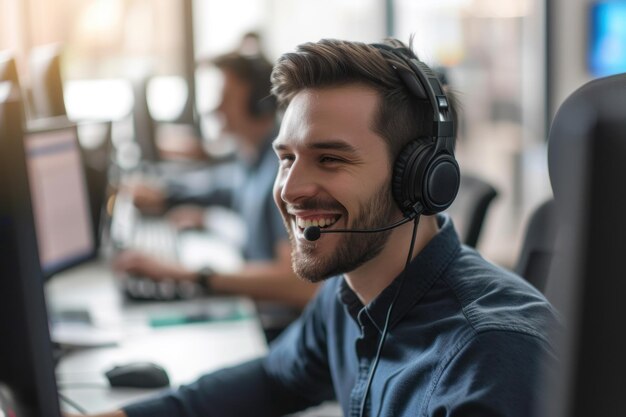 Um homem sorridente trabalha em um computador em um call center