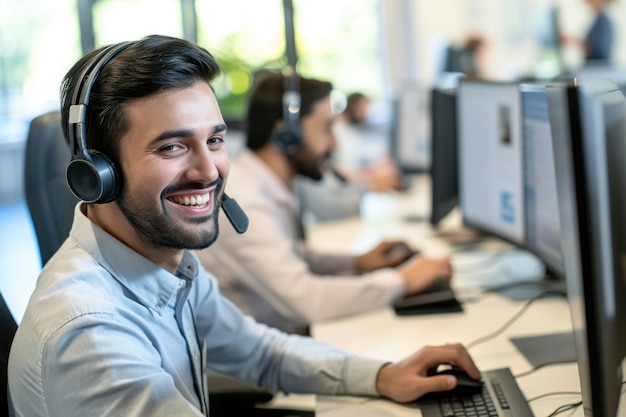 Um homem sorridente trabalha em um computador em um call center