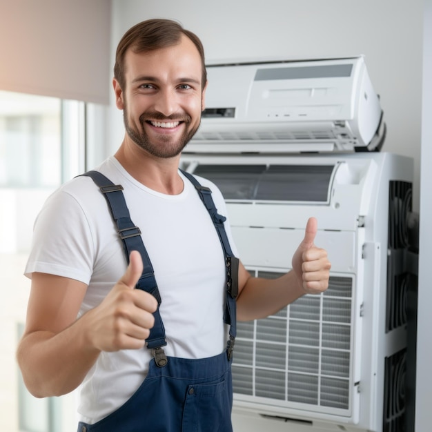 Um homem sorridente, um técnico com o polegar para cima a instalar um condicionador dentro de casa.