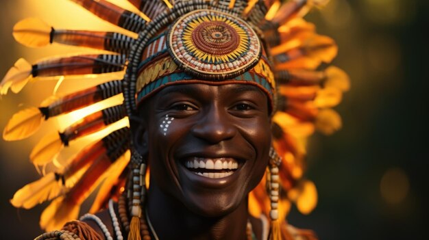 Um homem sorridente usando um cocar colorido ai