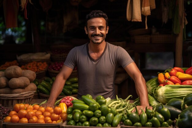 Um homem sorridente vende frutas e legumes frescos em uma banca de mercado