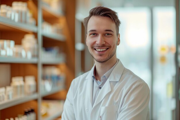 Foto um homem sorridente vestindo um casaco de laboratório branco com um sorriso no rosto