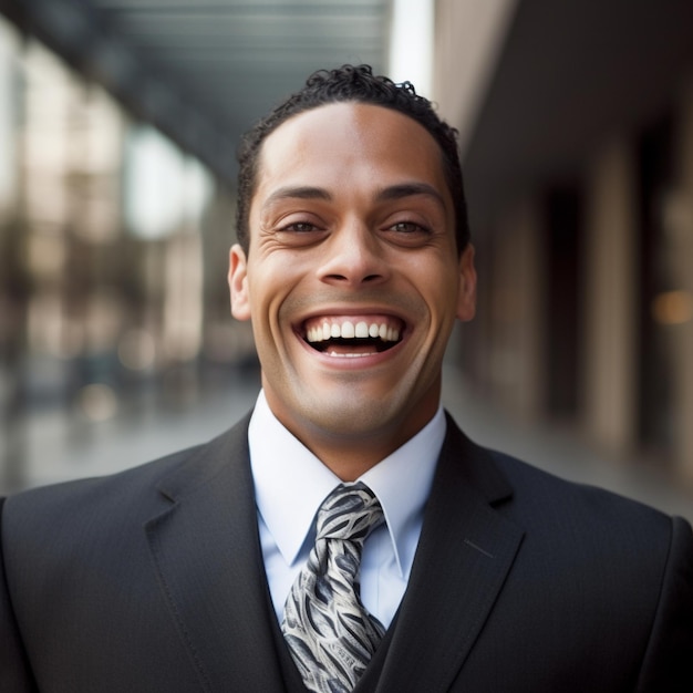 Um homem sorridente vestindo um terno com uma camisa branca e uma gravata.