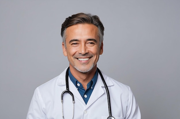 Um homem sorrindo com um estetoscópio no peito