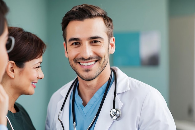 Um homem sorrindo com um estetoscópio no peito