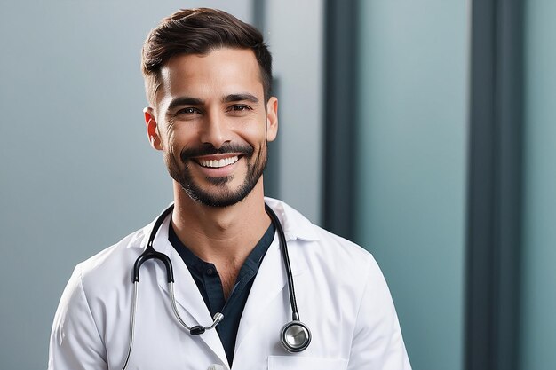 Um homem sorrindo com um estetoscópio no peito