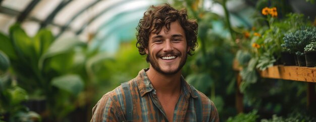 Foto um homem sorrindo enquanto está perto de fileiras de vegetais no estilo de ecoarquitetura