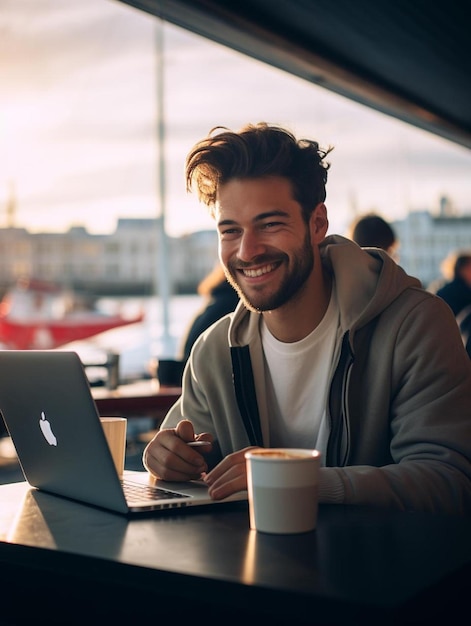 um homem sorrindo enquanto usa um laptop com uma xícara de café na frente dele.