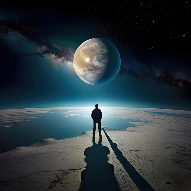 Um homem sozinho olhando para a Terra da Lua