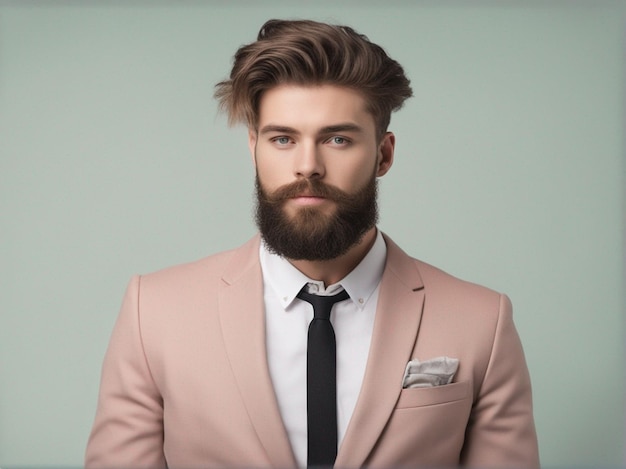 Um homem tem barba longa e penteado bonito vestindo terno moderno de alta qualidade