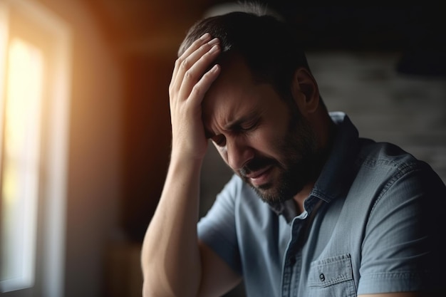 Foto um homem tem dor de cabeça insuportável enquanto está em casa generative ai