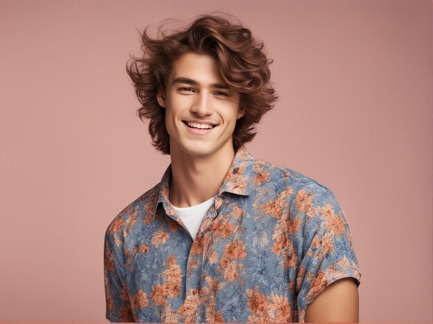 Um homem tem um belo penteado e usa uma camisa estampada de alta qualidade