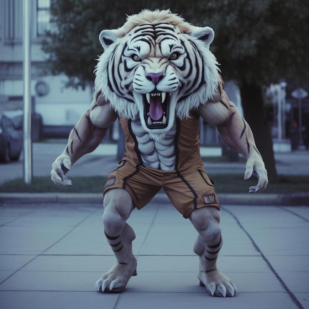 Um homem tigre caminha pela cidade