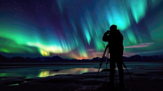 Um homem tira uma foto da aurora boreal.