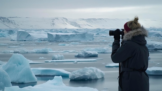 Um homem tira uma foto dos icebergs no Ártico.