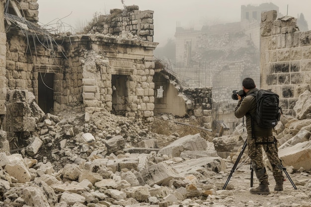 Foto um homem tirando uma foto de um edifício destruído