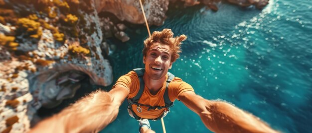 Um homem tirando uma foto enquanto salta bungee de um pico com vista para uma noção de férias de aventura de verão e espaço AI gerativa