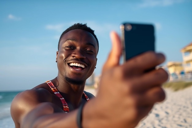 Um homem tirando uma selfie na praia