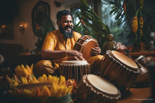 um homem toca bateria com um sorriso no rosto.