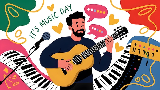 um homem toca guitarra com música e uma bolha de fala