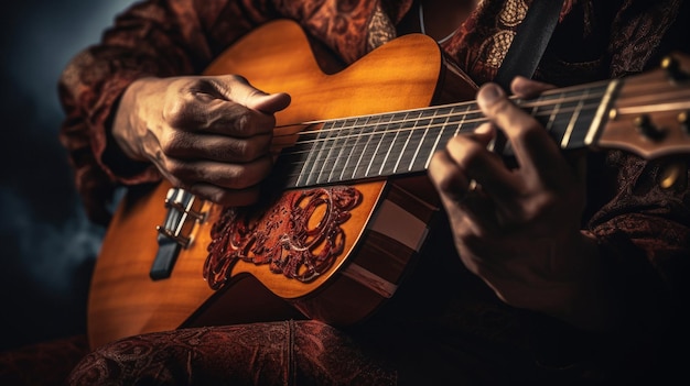 Um homem toca guitarra com uma fita vermelha.