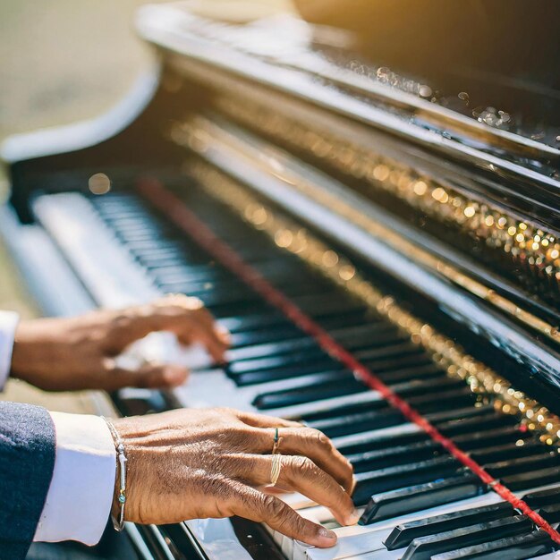 Foto um homem toca piano com as mãos nas teclas