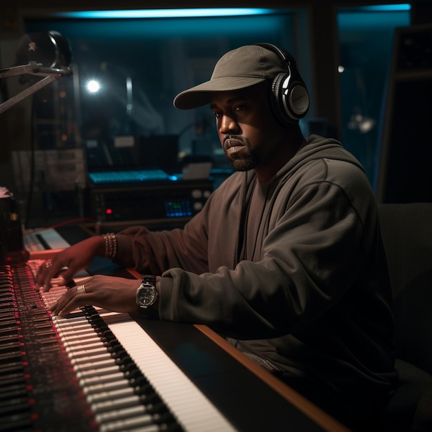 Foto um homem toca piano com fones de ouvido.